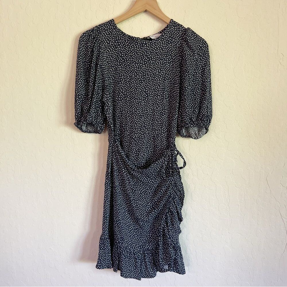& Other Stories Short Puff Sleeve Ruffle Wrap Mini Dress 4 Small Blue Polka Dot